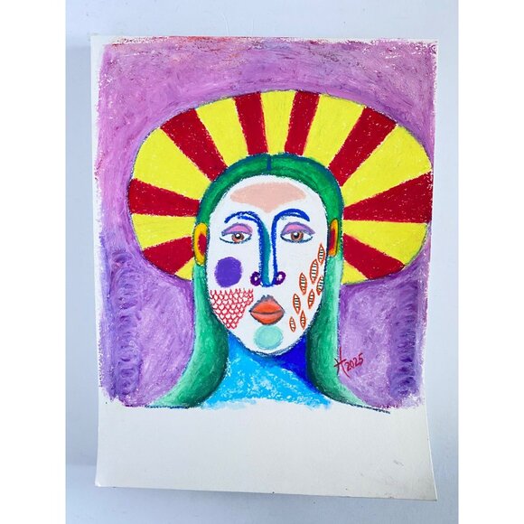 Halo Portrait Original Colorful Oil Pastel Drawing Wall Art 11x14in Matted